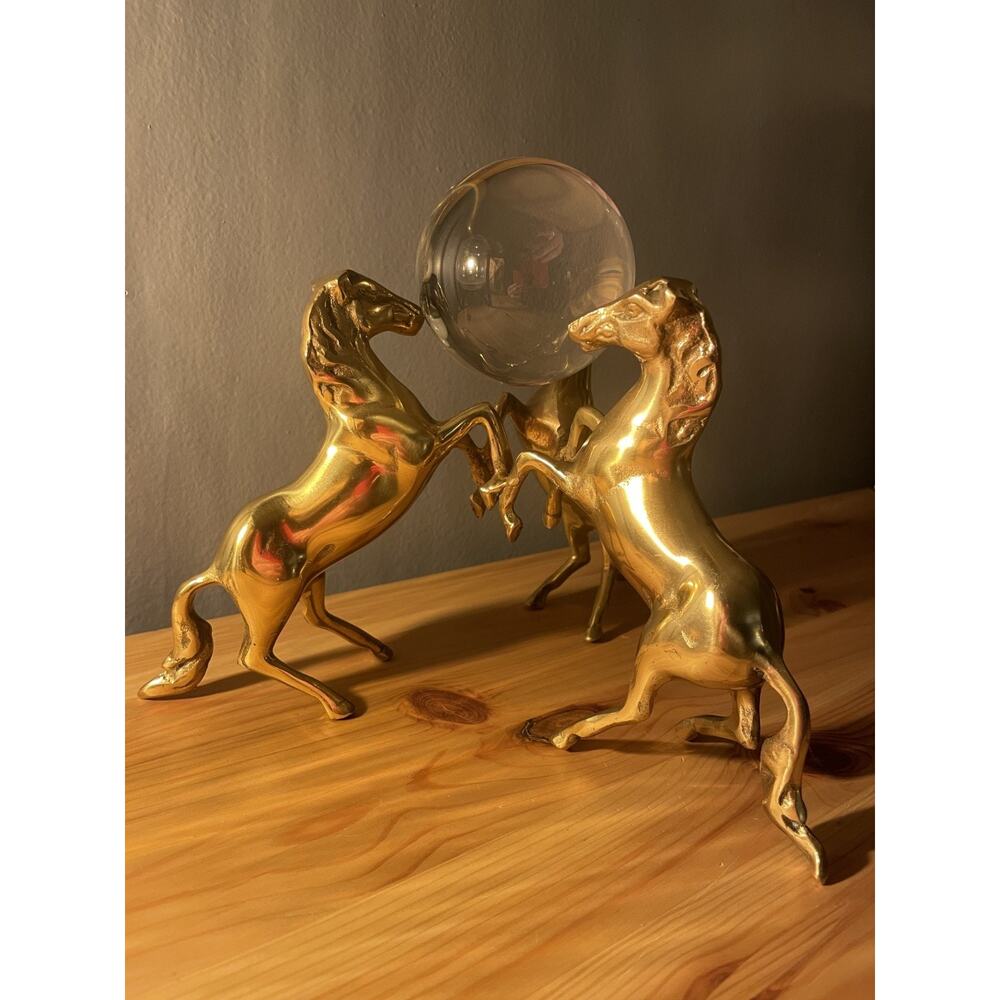 3 Brass Horses Rearing w/ Crystal Ball- MCM Vintage Sphere Statue Solid Brass